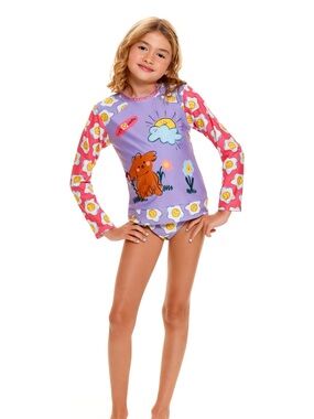 Agua Bendita Kids Purple Pink Yellow Egg Print Rashguard Set